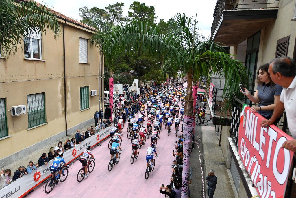 CAMIGLIATELLO SILANO ITALY OCTOBER 07 Start Peloton Public Fans Mileto City Landscape during the 103rd Giro dItalia 2020 Stage 5 a 225km stage from Mileto to Camigliatello Silano 1275m girodiitalia Giro on October 07 2020 in Camigliatello Silano Italy Photo by Stuart FranklinGetty Images