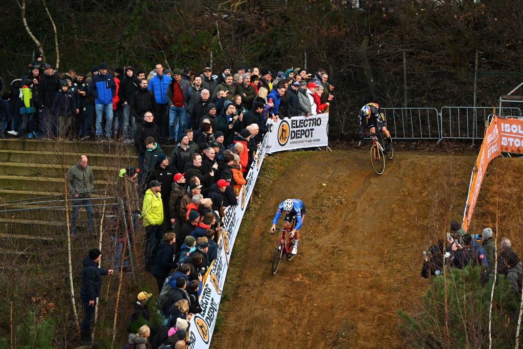 ZOLDER BELGIUM DECEMBER 27 Mathieu Van Der Poel of The Netherlands and Team AlpecinDeceuninck and Wout Van Aert of Belgium and Team JumboVisma lead the breakaway during the 18th Superprestige HeusdenZolder 2022 Mens Elite Superprestige2023 on December 27 2022 in Zolder Belgium Photo by Luc ClaessenGetty Images