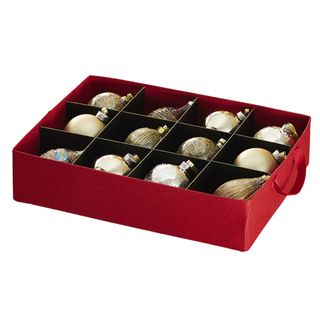 A red ornament storage box