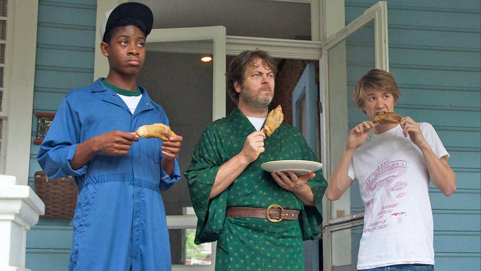 (R-L) RJ Cyler as Earl Jackson, Nick Offerman as Victor Gaines and Thomas Mann as Greg Gaines in 