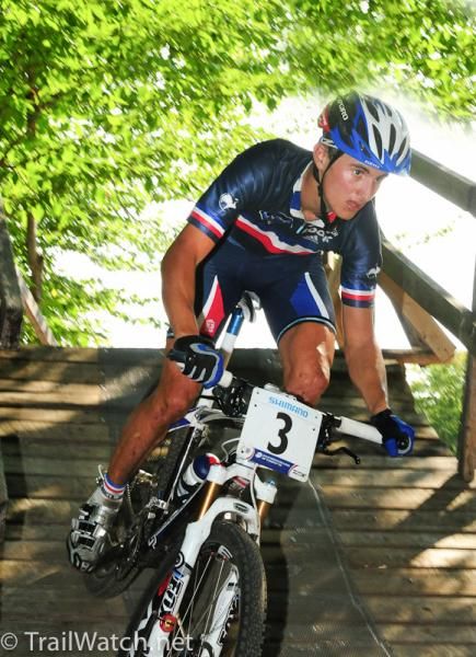 Alexis Vuillermoz (France) crosses one of the wooden bridges