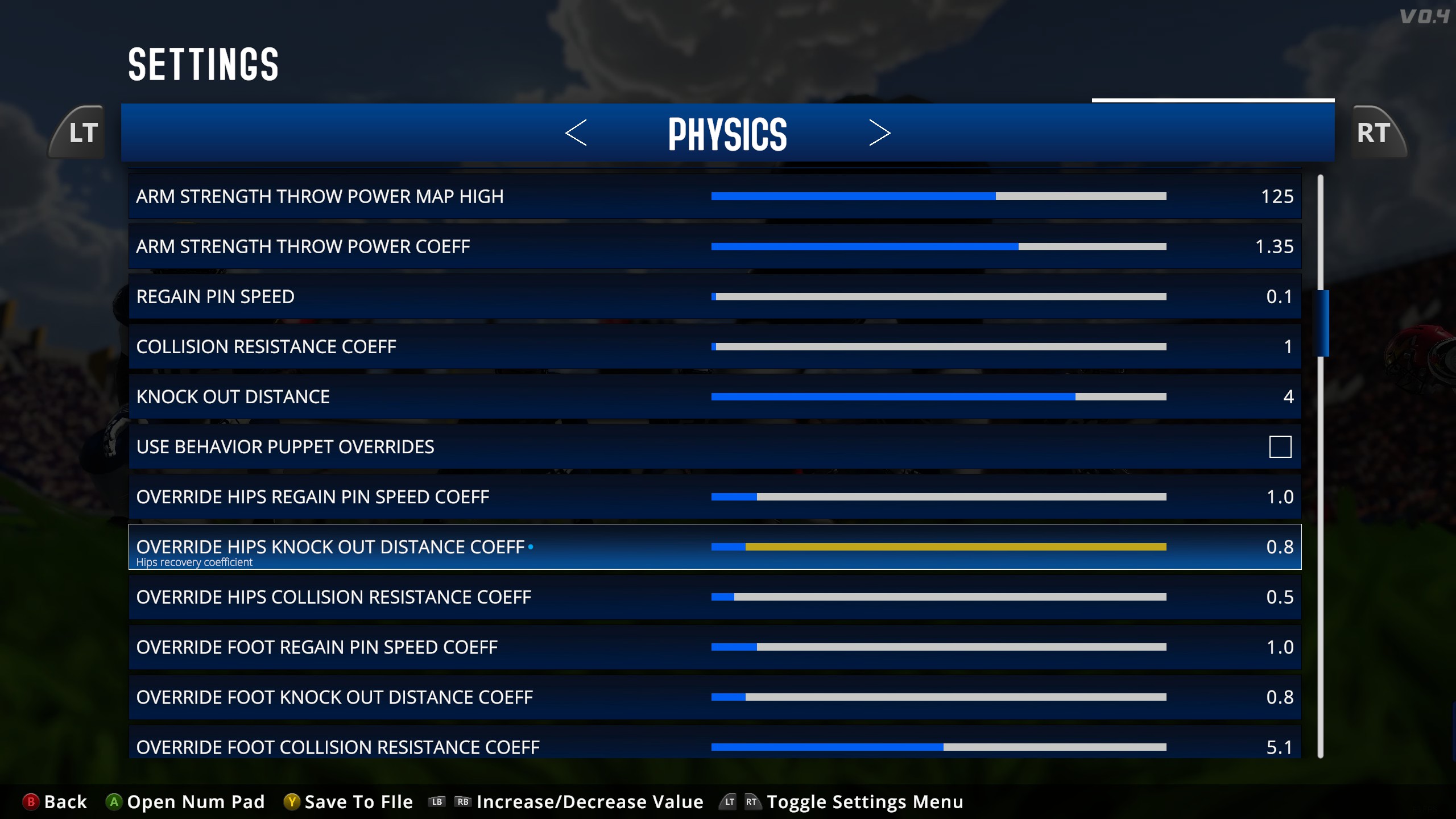 A menu screen with physics options