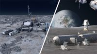 A split image showing a moon base in the game Starfield on the left, and a NASA concept for the Artemis Base Camp on the right.
