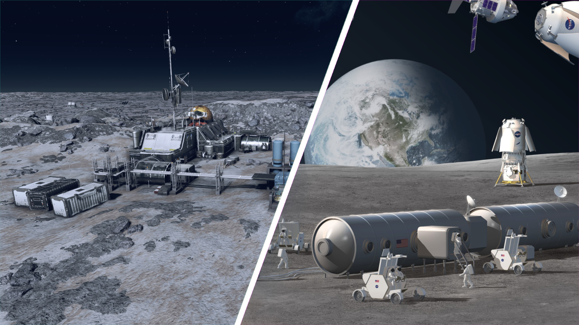 A split image showing a moon base in the game Starfield on the left, and a NASA concept for the Artemis Base Camp on the right.