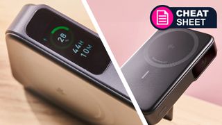 A close-up of an Anker power bank next to a wider shot of it on a table