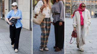 three street style shots showing how to style birkenstocks clogs for casual wear
