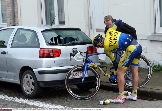 Nikolai Trusov might have to file an insurance claim after crashing through the rear window of a parked car