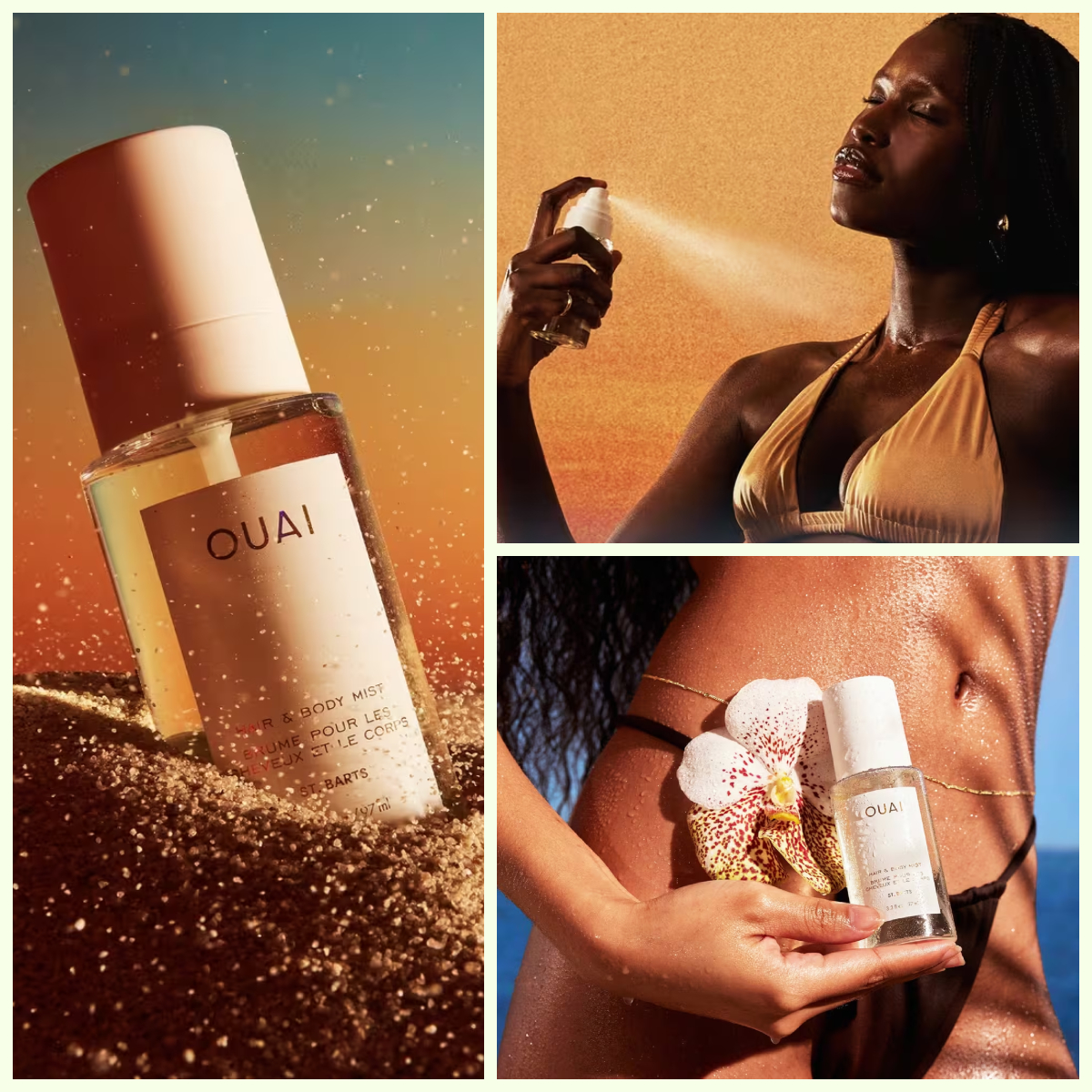 a collage of body mists from ouai and a woman spraying a body mist