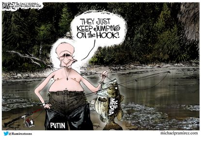 Political cartoon U.S. Trump Russia investigation Putin media news cycle