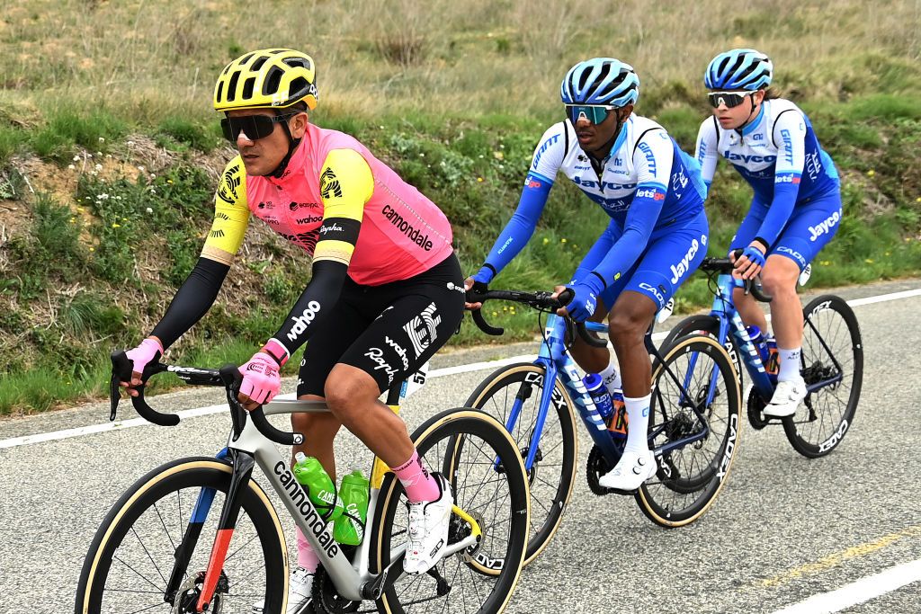 ESTELLA SPAIN APRIL 01 LR Richard Carapaz of Ecuador and Team EF EducationEasypost Tsgabu Gebremaryam Grmay of Eritrea and Rudy Porter of Australia and Team Jayco AlUlacompete during the 32nd Gran Premio Miguel Indurain 2023 a 2032km one day race from Estella to Estella GPIndurain on April 01 2023 in Estella Spain Photo by David RamosGetty Images