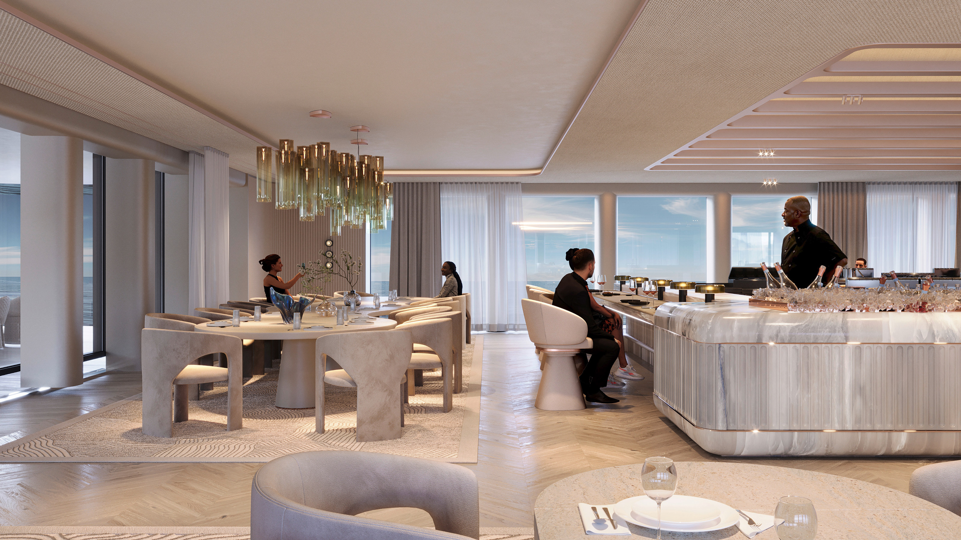 The restaurant aboard the Maybach Ocean Club