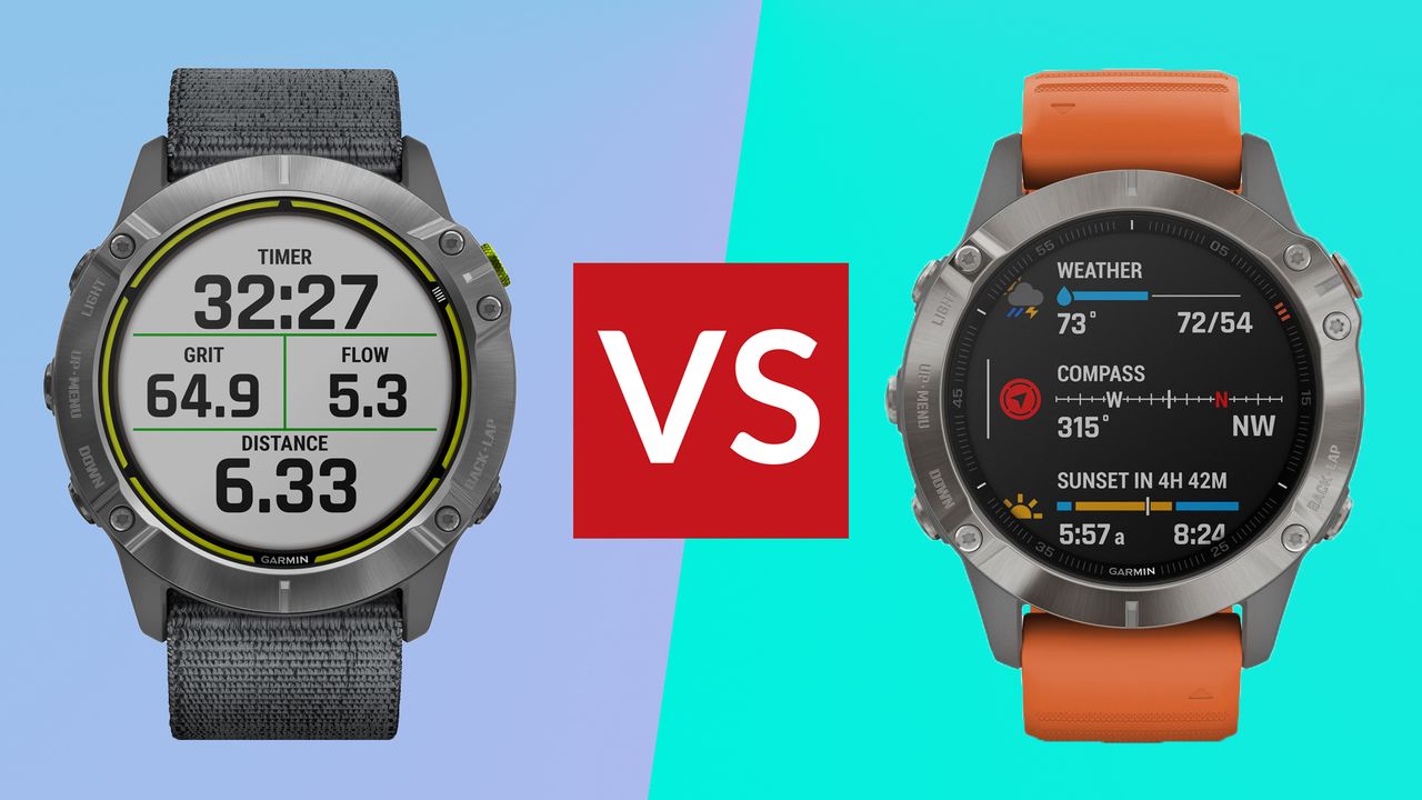 Garmin Enduro vs Fenix 6: Pictured here, the Garmin Enduro on purple background (left) and Garmin Fenix 6 on greeen background (right)