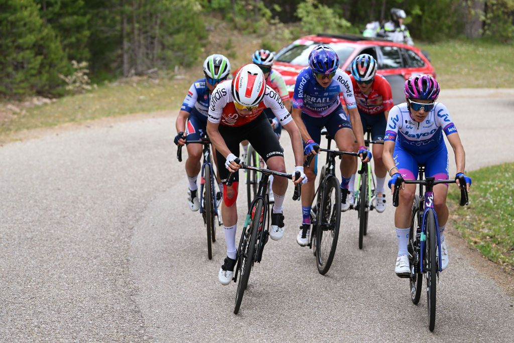 (L-R) Clara Koppenburg of Germany and Team Cofidis, Justine Ghekiere of Belgium and Team AG Insurance-Soudal, Claire Steels of Great Britain and Team Israel-Premier Tech, Soraya Paladin of Italy and Canyon-SRAM Racing Team - Red mountain jersey and Ane Santesteban of Spain and Team Jayco-AlUla