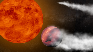 A large red sphere and a smaller brown sphere followed by trail of white smoke against a black background of stars.