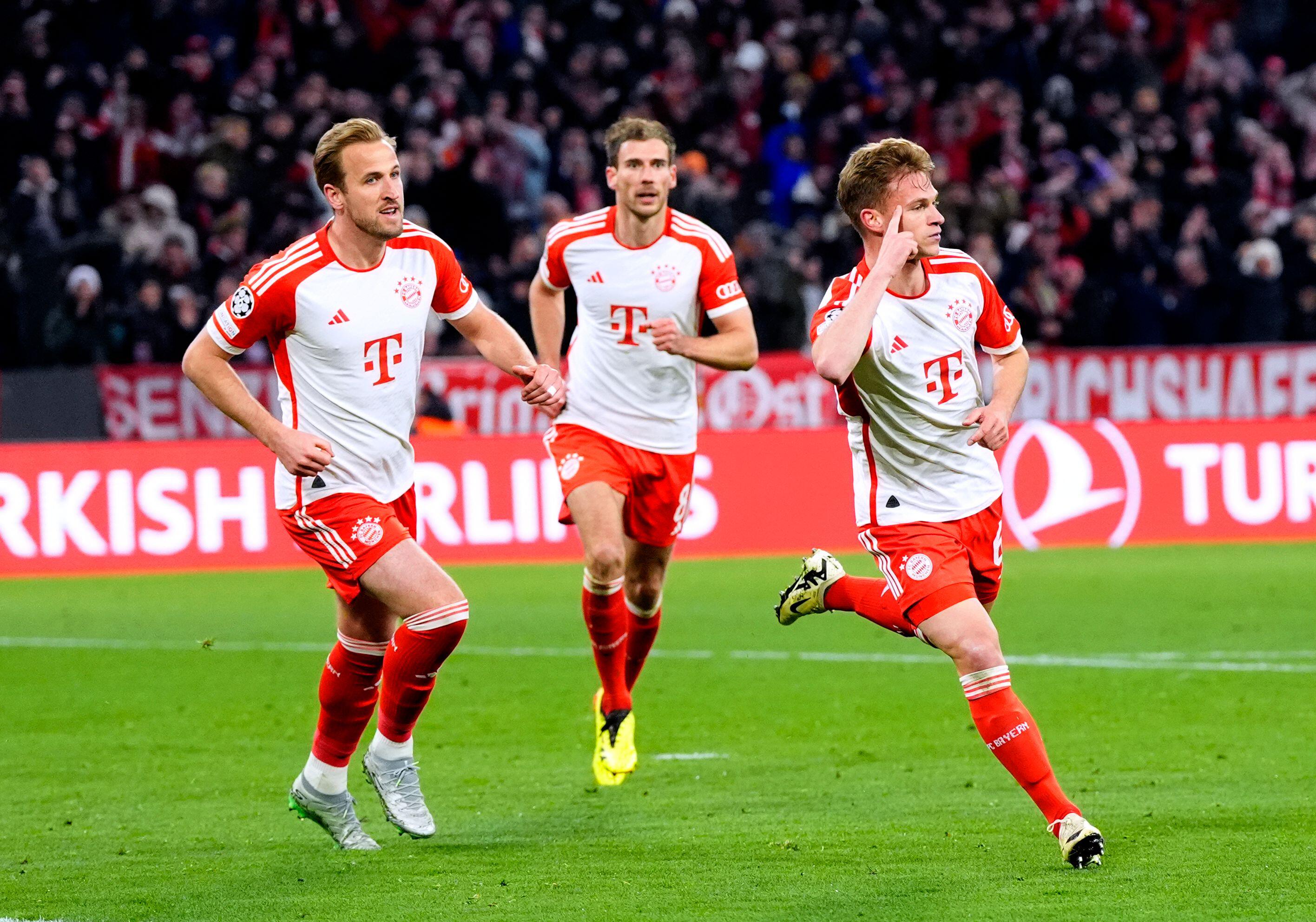 Joshua Kimmich of Bayern Munich celebrates his goal against Arsenal in the UEFA Champions League quarter-final second leg match at the Allianz Arena in April 2024