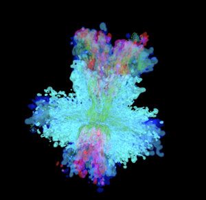 This image from a computer simulation shows matter ejecting from the heart of a supernova.