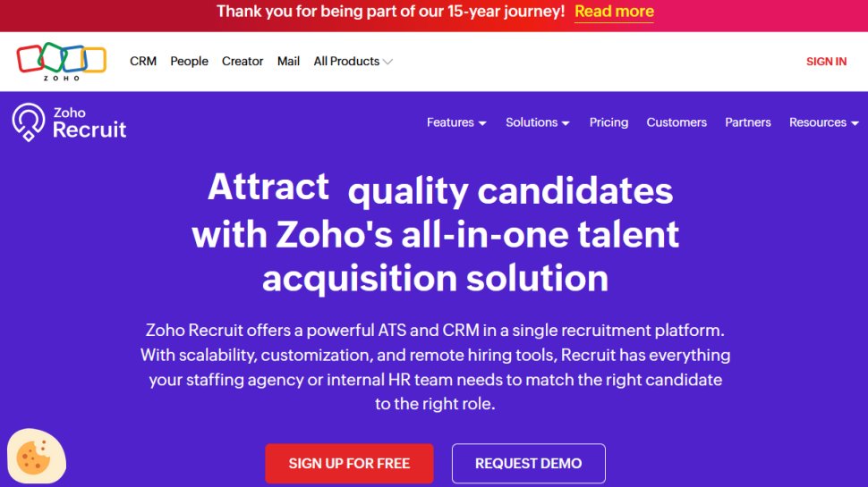 Zoho Recruit website screenshot (May 2025).