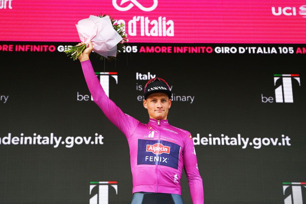 VISEGRAD HUNGARY MAY 06 Mathieu Van Der Poel of Netherlands and Team Alpecin Fenix celebrates at podium as purple points jersey winner during the 105th Giro dItalia 2022 Stage 1 a 195km stage from Budapest to Visegrd 337m Giro WorldTour on May 06 2022 in Visegrad Hungary Photo by Tim de WaeleGetty Images