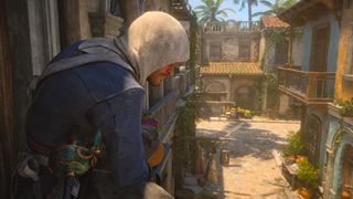 Edward Kenway looks out across a sunny Havana street while perched on a balcony in Assassin's Creed Black Flag Resynced