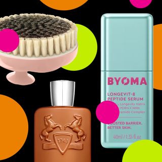 A collage of beauty products featuring a serum, dry brush and perfume. All are on a black background with bright polka dots overlayed