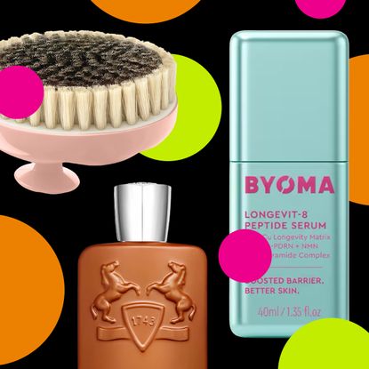 A collage of beauty products featuring a serum, dry brush and perfume. All are on a black background with bright polka dots overlayed