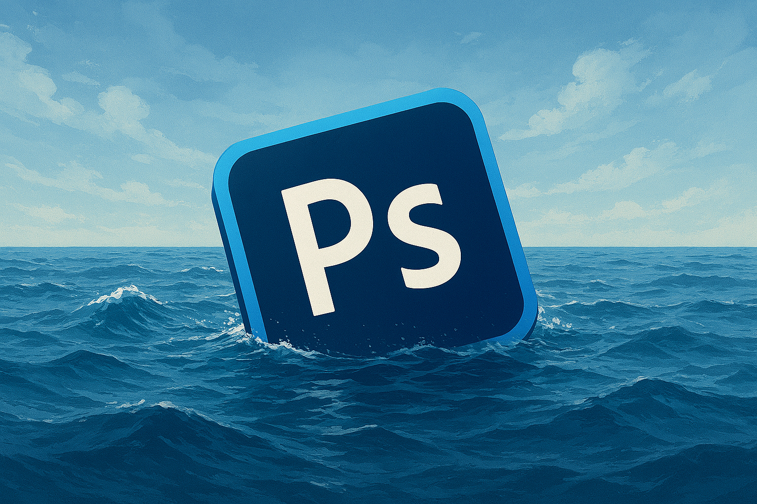 The Adobe Photoshop logo sinks into the ocean, based on the prompt "generate me an article banner showing the Photoshop logo sinking into the ocean." 