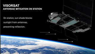 A depiction of a Starlink satellite equipped with visors to reduce the sunlight that reflects off the satellite and potentially interferes with astronomical observations.
