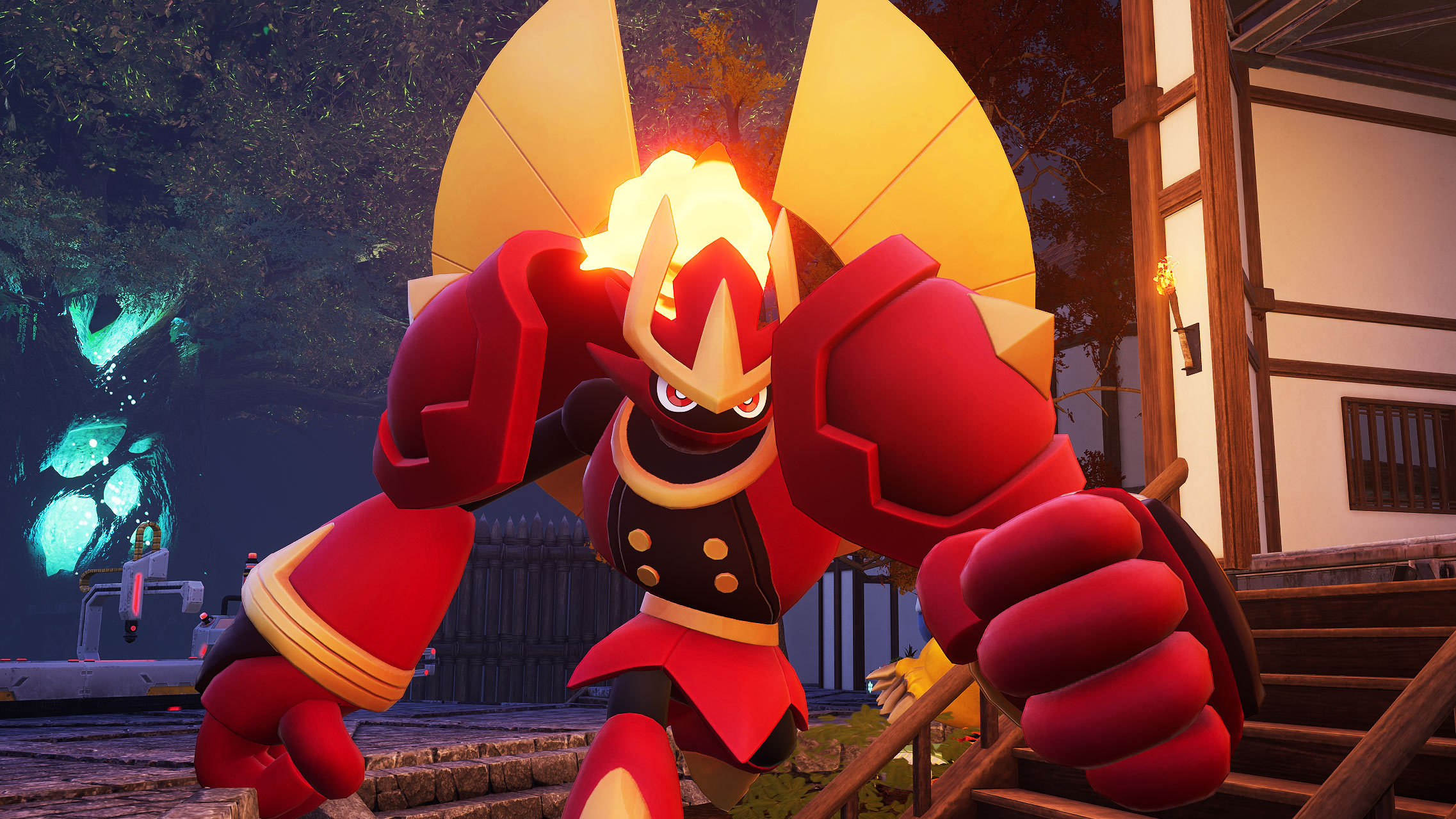 Palworld - Knocklem Ignis, a flaming suit of armor pal.