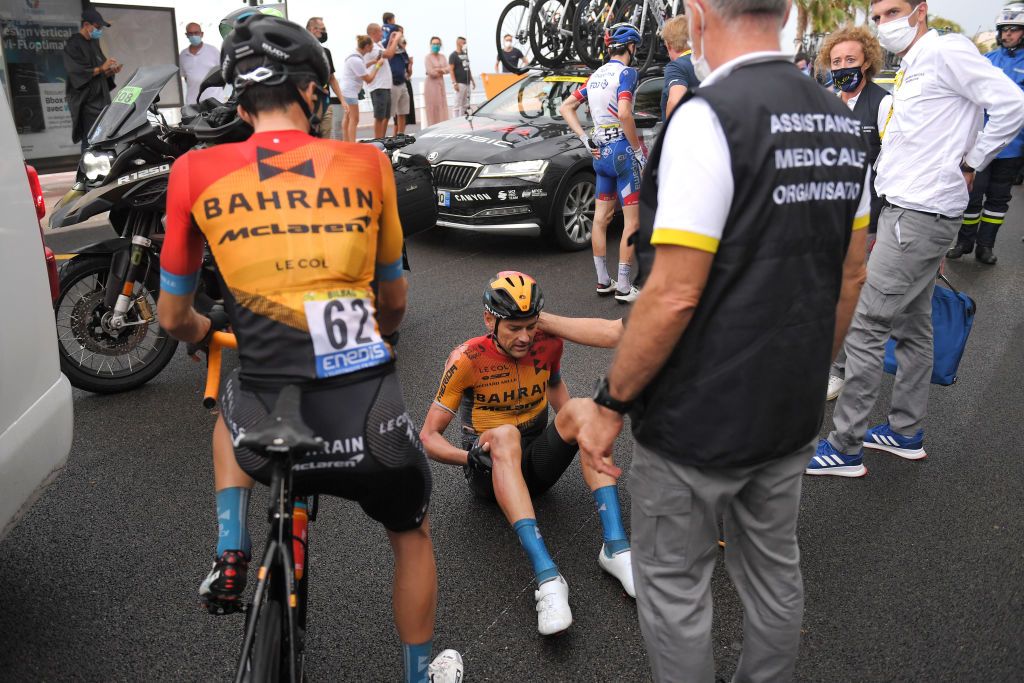 NICE FRANCE AUGUST 29 Rafael Valls Ferri of Spain and Team Bahrain Mclaren Injury Crash Medical Doctor during the 107th Tour de France 2020 Stage 1 a 156km stage from Nice Moyen Pays to Nice TDF2020 LeTour on August 29 2020 in Nice France Photo by Tim de WaeleGetty Images