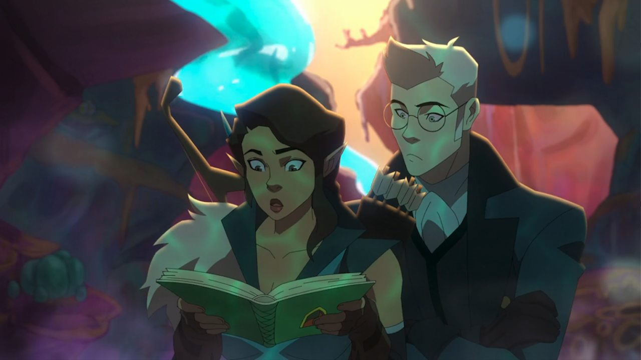Vex and Percy looking at Garmelie's book in The Legend of Vox Machina