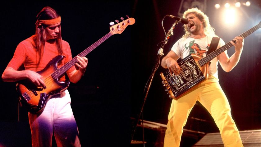 Jaco Pastorius (1951 - 1987) performing with Weather Report at the Auditorium Theater in Chicago, Illinois, February 9, 1980. . American Rock musician Michael Anthony, of the group Van Halen, performs onstage at the Rosemont Horizon, Rosemont, Illinois, March 15, 1986.