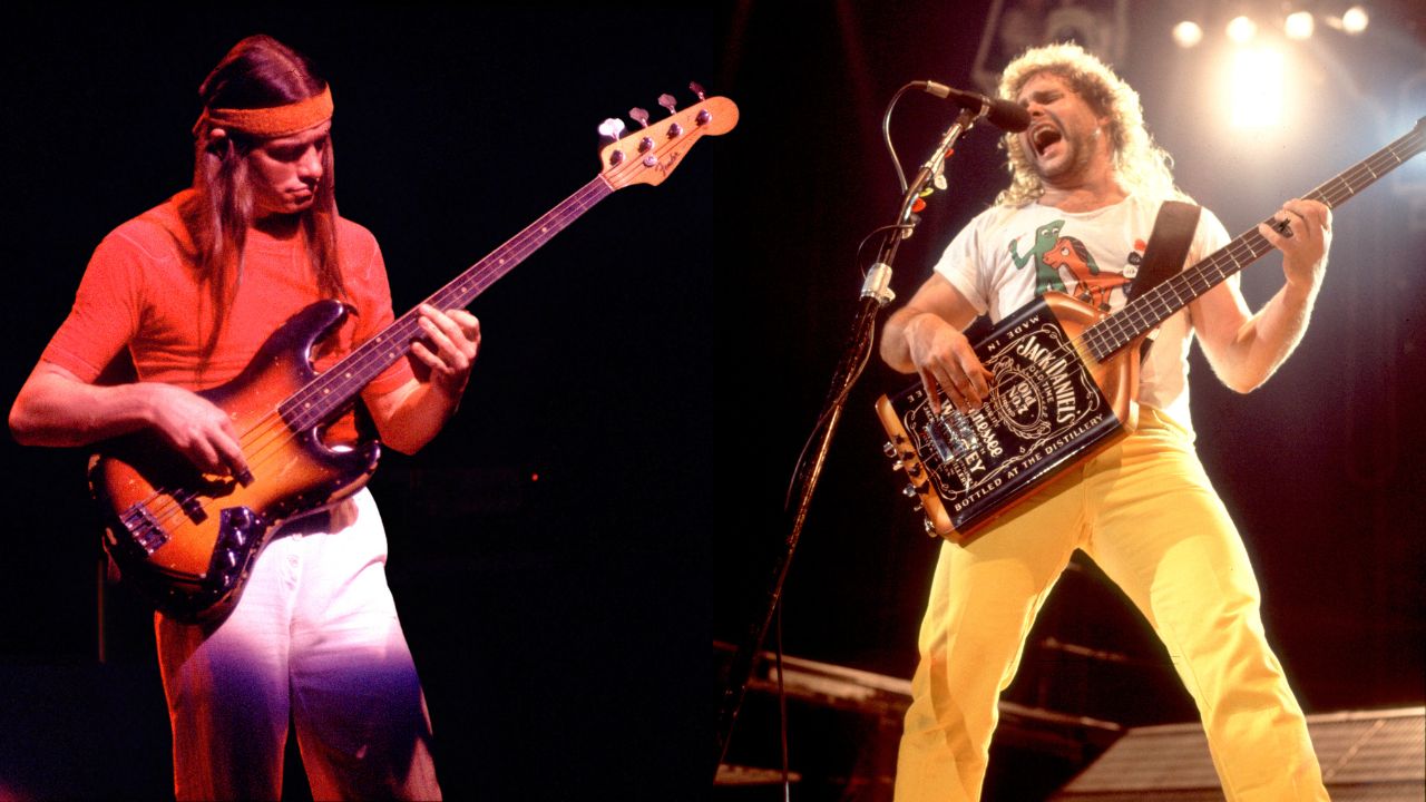 Jaco Pastorius (1951 - 1987) performing with Weather Report at the Auditorium Theater in Chicago, Illinois, February 9, 1980. . American Rock musician Michael Anthony, of the group Van Halen, performs onstage at the Rosemont Horizon, Rosemont, Illinois, March 15, 1986.
