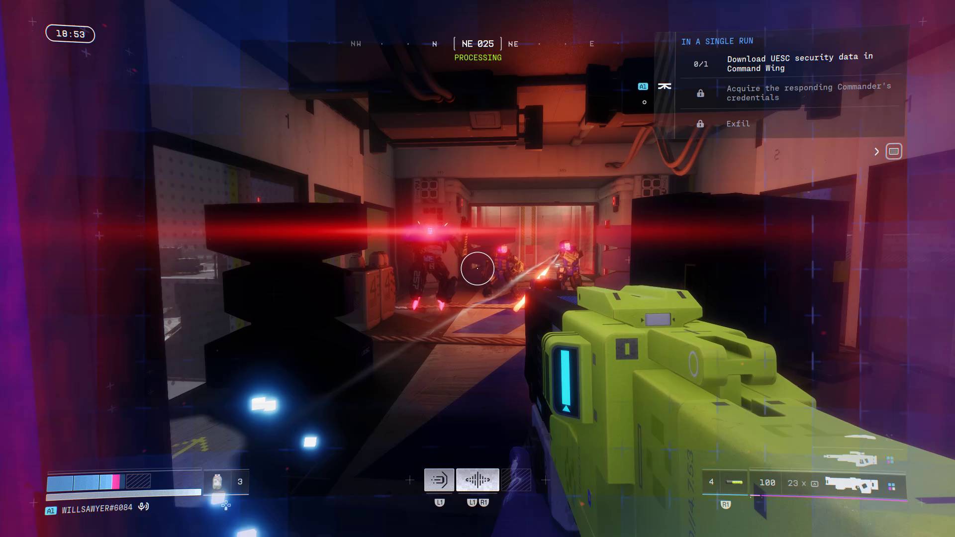 Marathon player facing three UESC robots in corridor on Outpost map