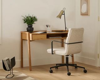 White office chair and wooden desk