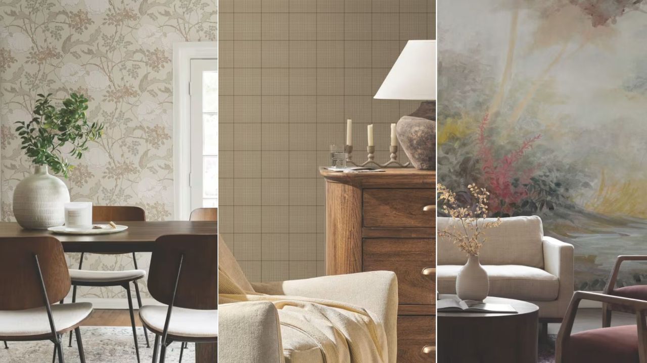 Three spaces decorated in wallpaper from Magnolia Home by Joanna Gaines