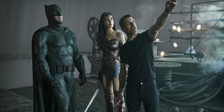 Zack Snyder directing Ben Affleck and Gal Gadot in Justice League