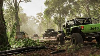 A green JEEP car in a jungle environment