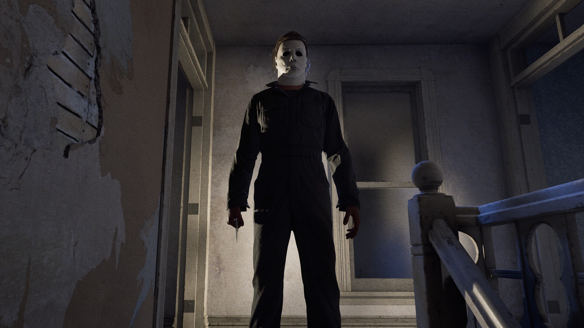Michael Myers from Halloween stands in the shadows, looking scary