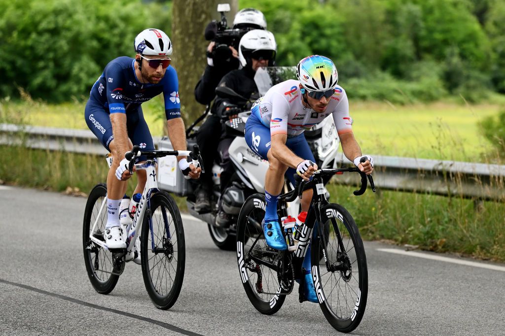 SAINT VULBAS FRANCE JULY 03 LR Clement Russo of France and Team Groupama FDJ and Matteo Vercher of France and Team TotalEnergies compete in the breakaway during the 111th Tour de France 2024 Stage 5 a 1774km stage from SaintJeandeMaurienne to Saint Vulbas UCIWT on July 03 2024 in Saint Vulbas France Photo by Tim de WaeleGetty Images
