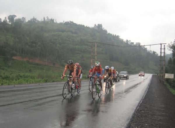 The breakaway pushes onwards through the rain.