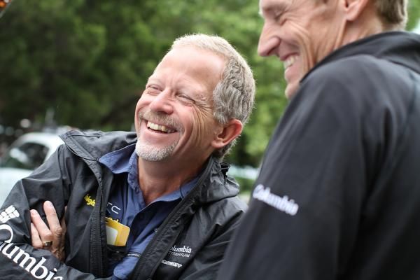 Bob Stapleton and Rolf Aldag (r) still enjoying the team&rsquo;s success from stage 1.