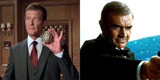 Roger Moore holds a Faberge egg in Octopussy, while Sean Connery aims a gun in Never Say Never Again.