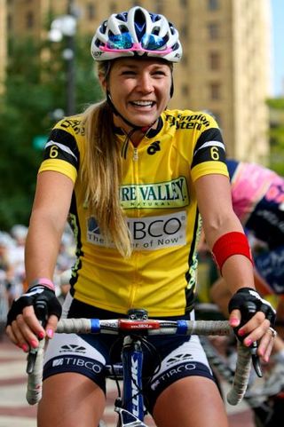 Alison Starnes (TIBCO) was very excited to show up to the start line in her new leader's jersey.