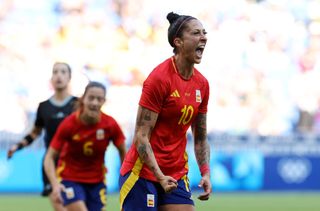 Jennifer Hermoso #10 of Team Spain celebrates scoring her team's first goal during the Women's Quarterfinal match between Spain and Colombia during the Olympic Games Paris 2024 at Stade de Lyon on August 03, 2024 in Lyon, France.