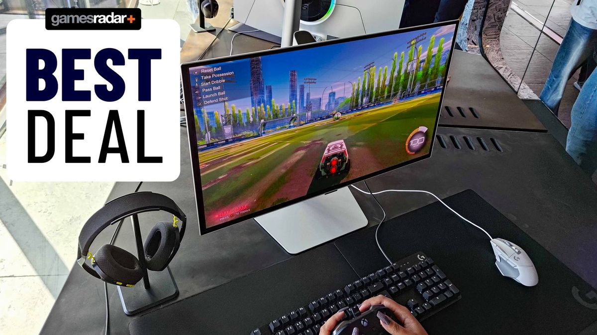 Samsung Odyssey OLED with Rocket League on screen and &#039;Best Deals&#039; GamesRadar+ badge on left