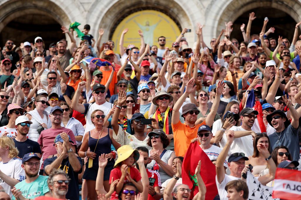 PARIS FRANCE AUGUST 04 Fans cheering during the Womens Road Race on day nine of the Olympic Games Paris 2024 at Trocadero on August 04 2024 in Paris France Photo by Jared C TiltonGetty Images