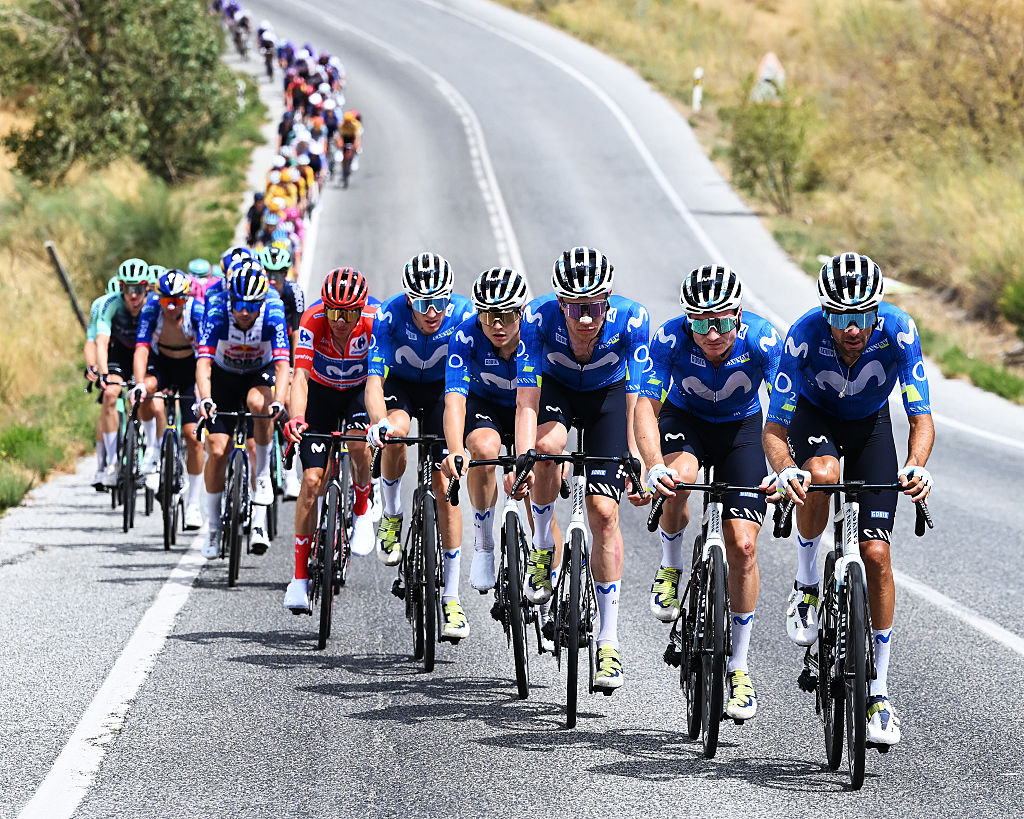 LOJA, SPAIN - SEPTEMBER 04: (L-R) Enric Mas of Spain - Red Leader Jersey, Pablo Castrillo of Spain, Raul Garcia Pierna of Spain, Ivan Romeo of Spain, Carlos Canal of Spain and Jorge Arcas of Spain and Movistar Team compete during the La Vuelta - 81st Tour of Spain 2026, Stage 13 a 192.8km stage from Almu&amp;ntilde;ecar to Loja 501m / #UCIWT / on September 04, 2026 in Loja, Spain. (Photo by Tim de Waele/Getty Images)