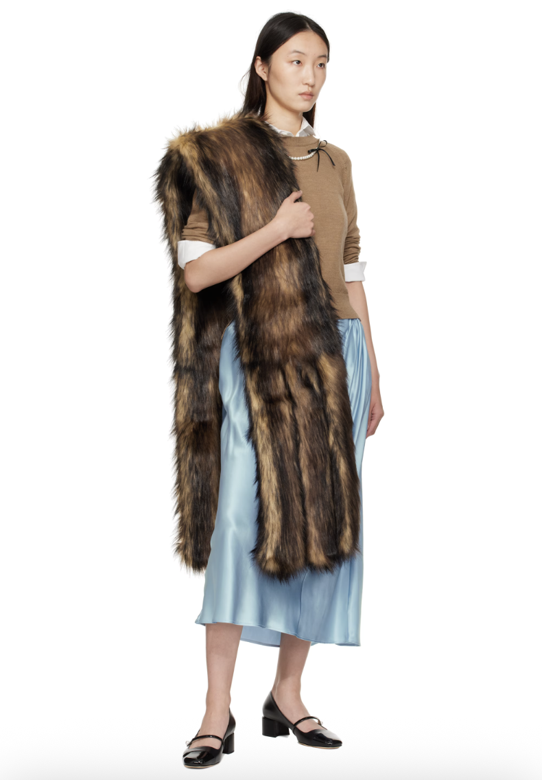 Beige &amp;amp; Brown Triple Slit Faux Fur Scarf