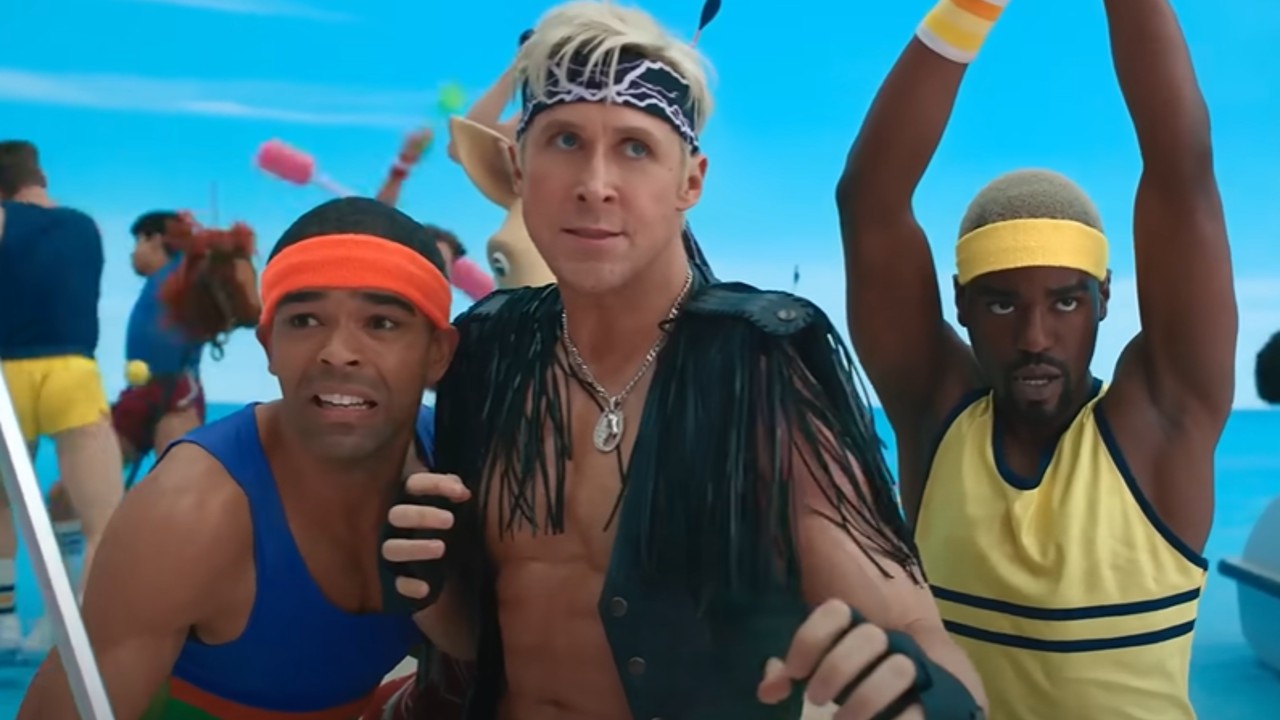 From left to right: Kingsley Ben-Adir, Ryan Gosling and Ncuti Gatwa as Kens during the Ken War in Barbie.