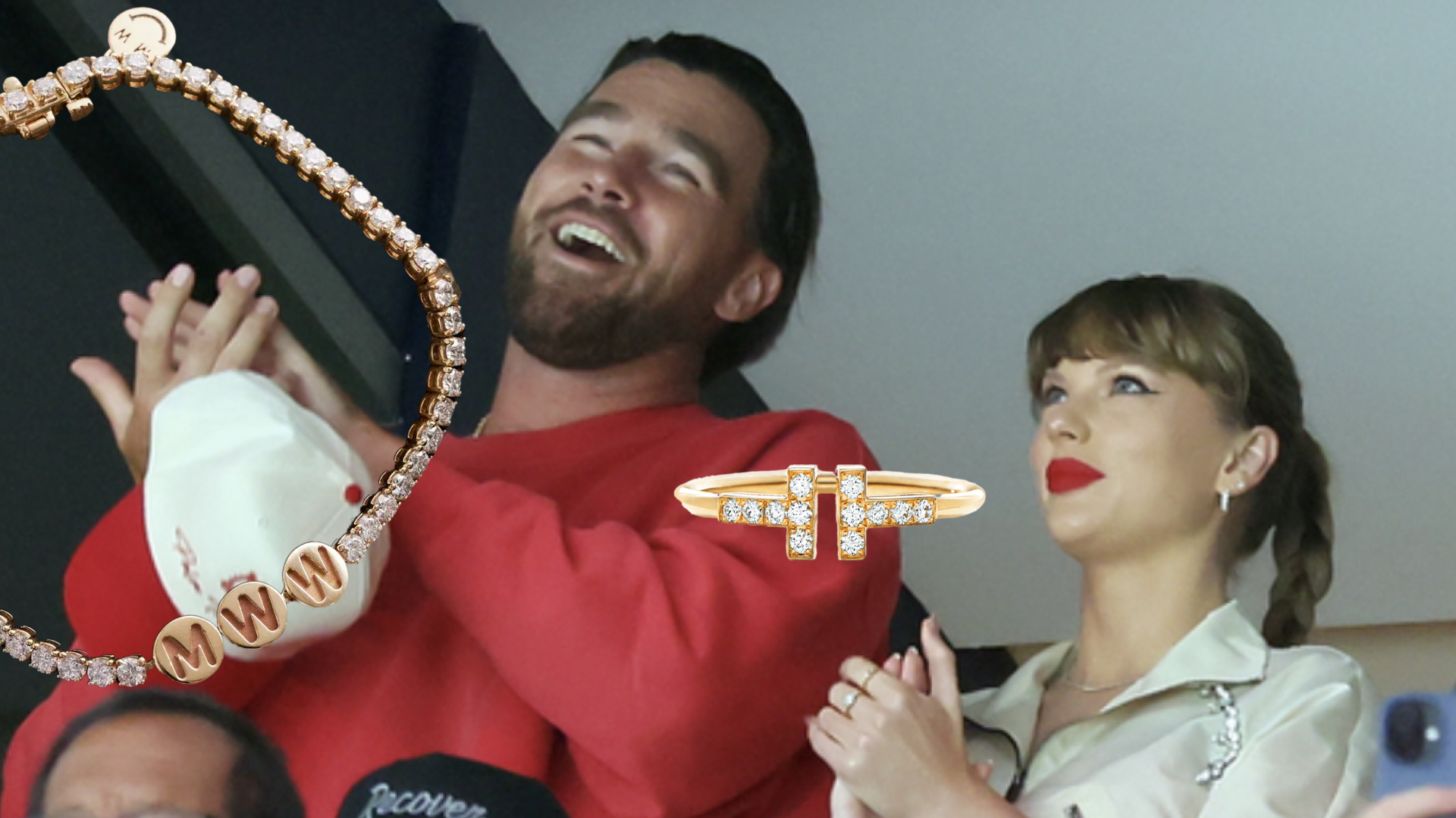 Taylor Swift and Travis Kelce at a Stanley Cup game wearing diamond jewelry
